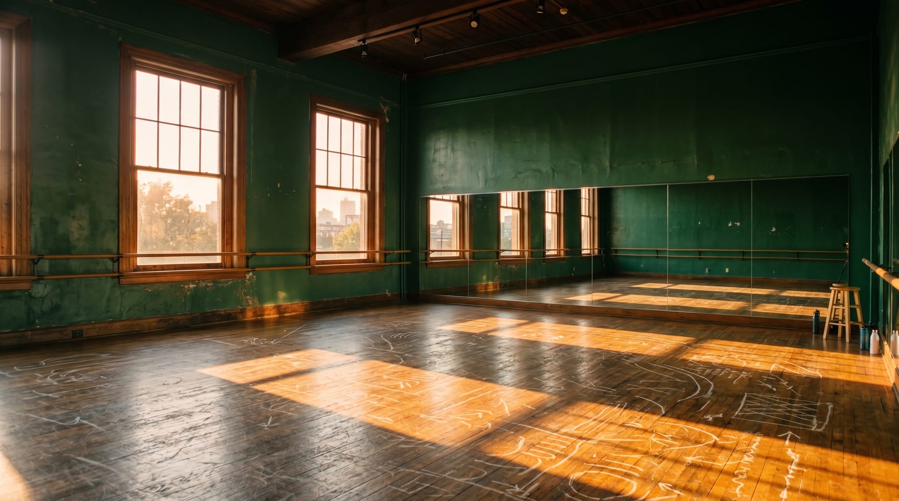 A sunlit dance and rehearsal studio — deep green walls, a mirrored barre and a worn wooden floor