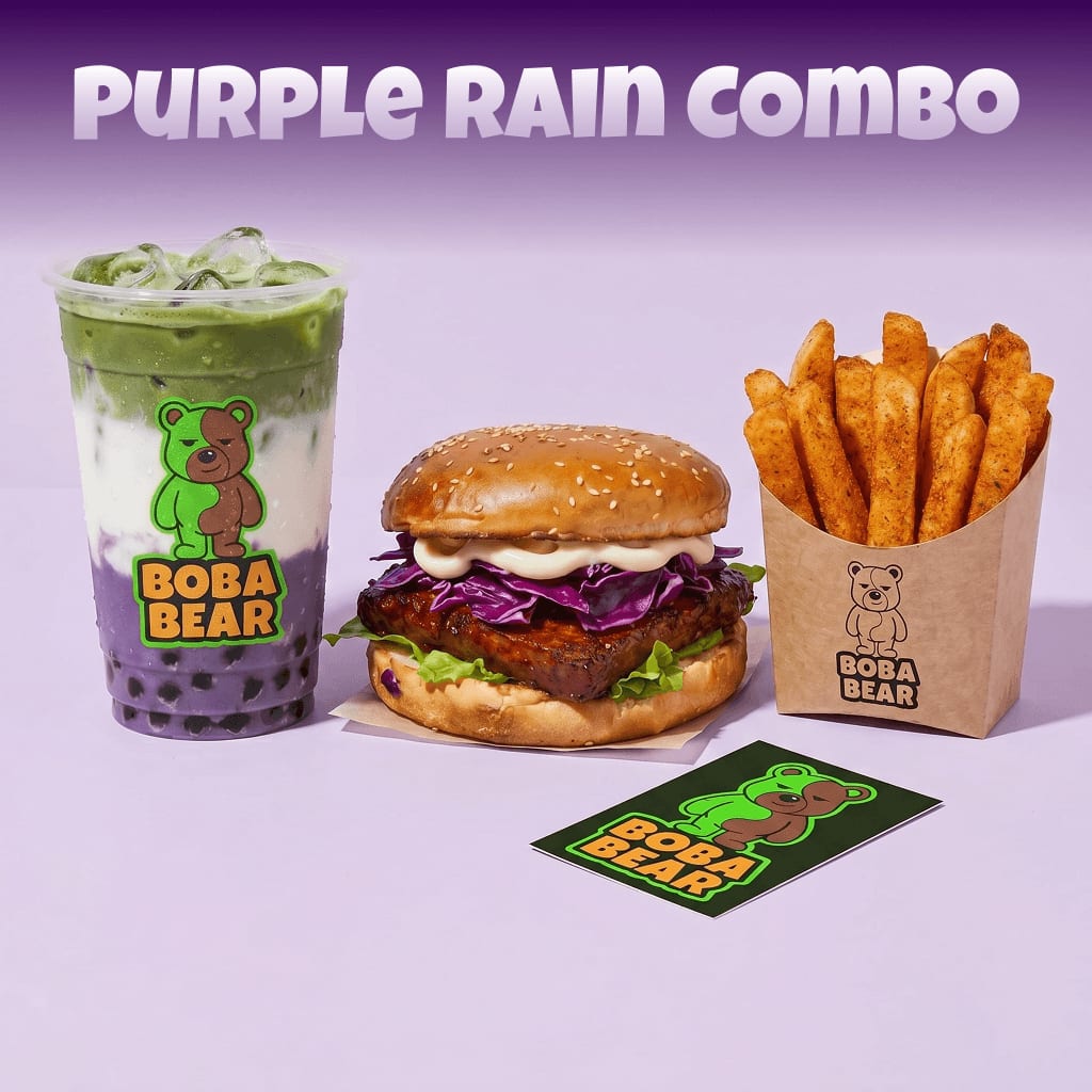 The Purple Rain Combo — layered matcha boba with a jumbo burger, and large fries.