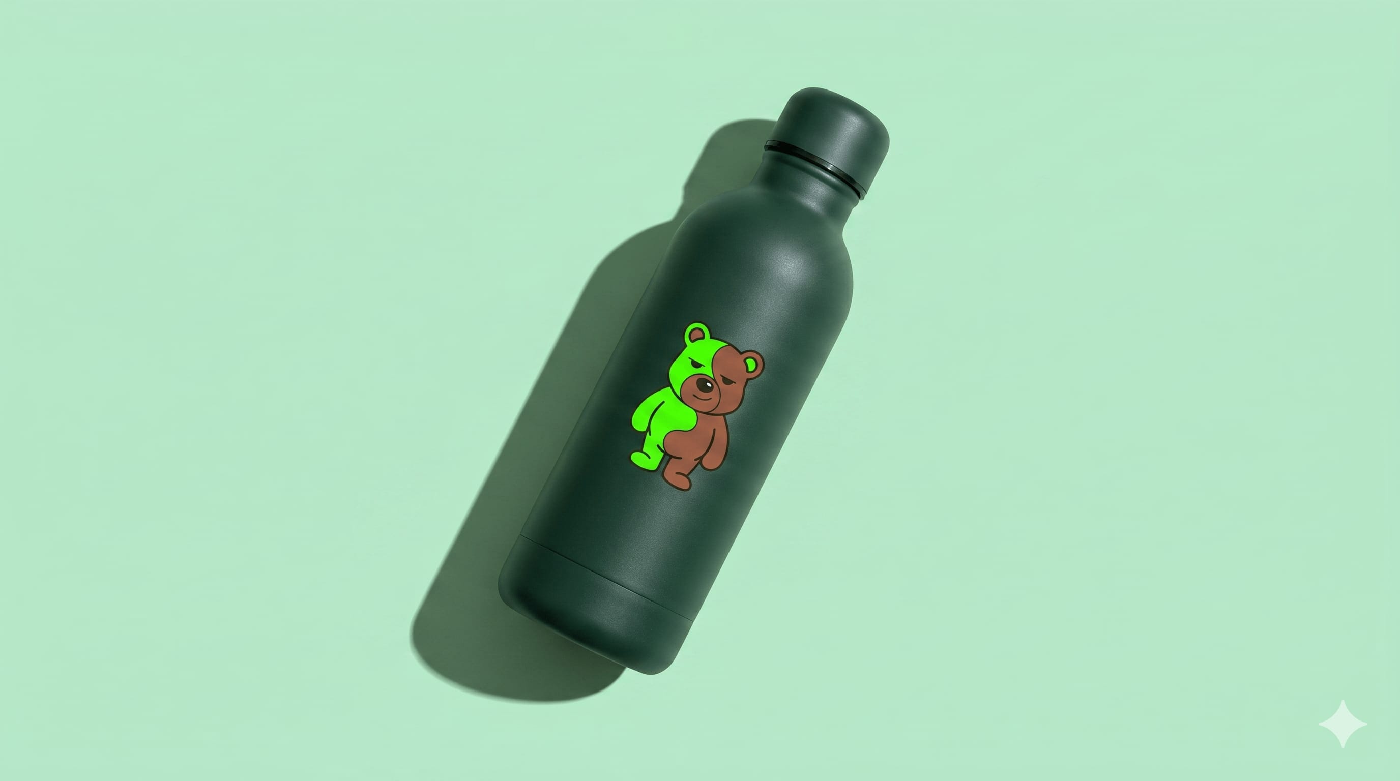 Boba Bear insulated stainless-steel water bottle in forest green with a bear sticker