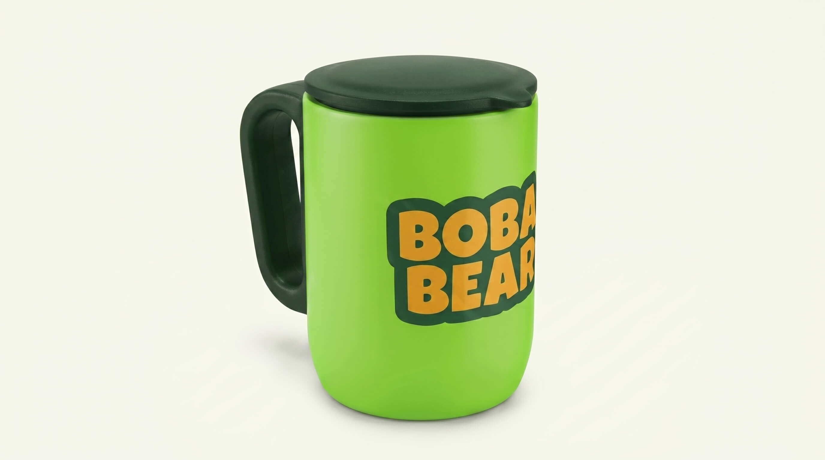 Boba Bear ceramic lidded mug in lime green with the Boba Bear wordmark