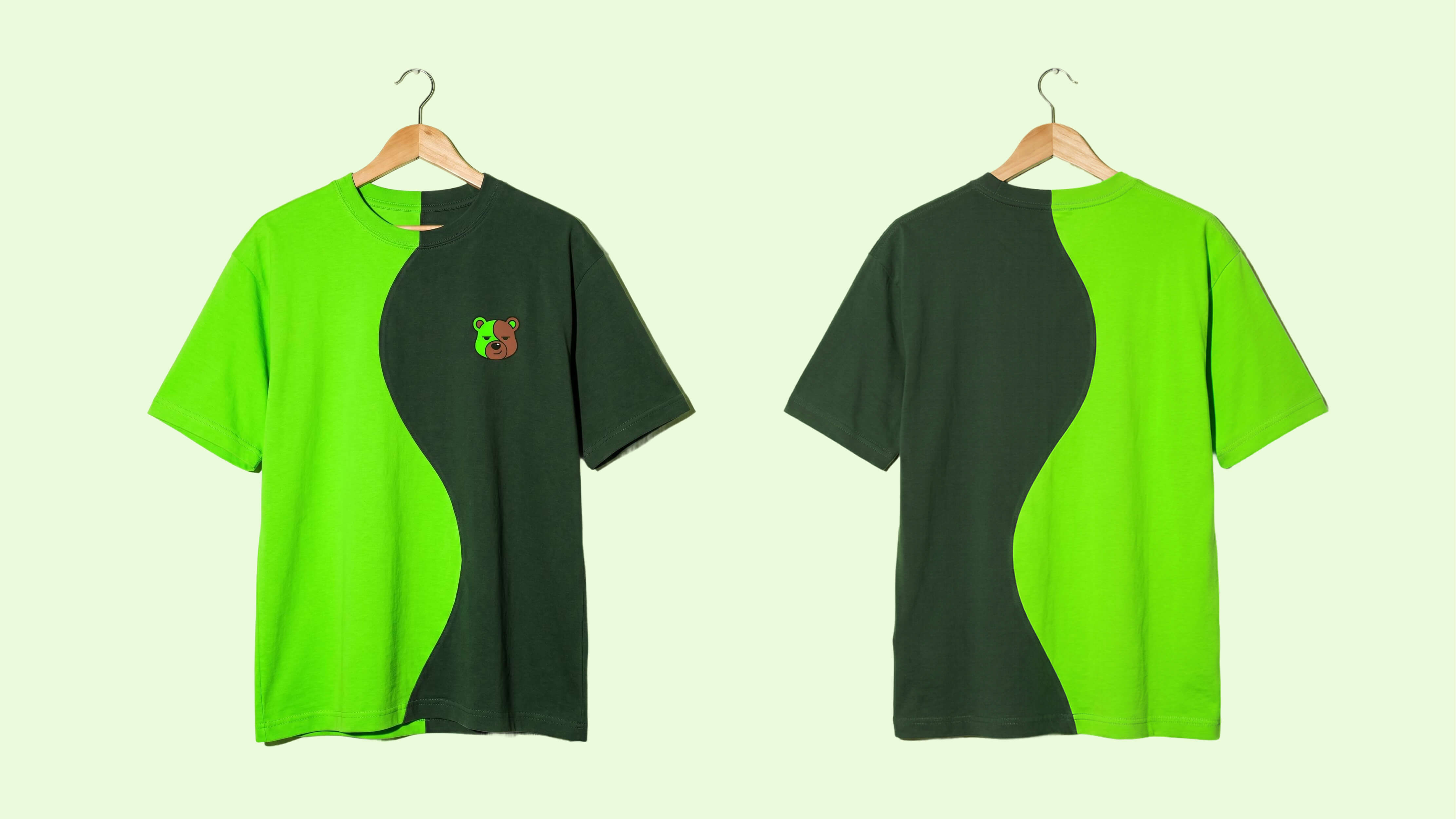 Boba Bear ‘Unbothered’ oversized tee in two-tone green — front and back views